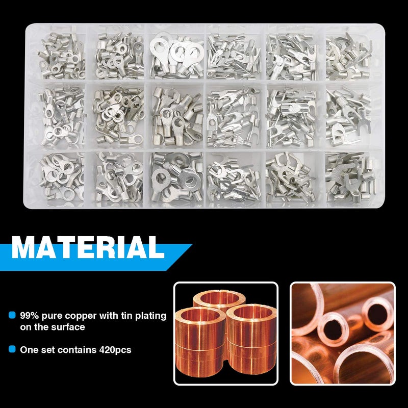 ELECALL 420pcs Non-Insulated Ring Terminals & Fork Connector Kit 22-16/16-14/12-10 Gauge Wire Lugs Battery Cable Terminals Wire Crimp Connectors High Temperature T2 Pure Non-Insulated Copper Connector - Image 3